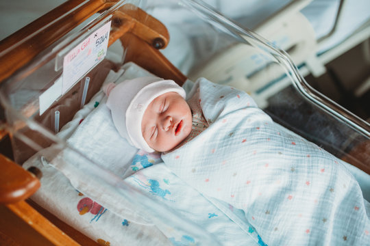 Newborn baby girl sleeps in incubator in hospital room