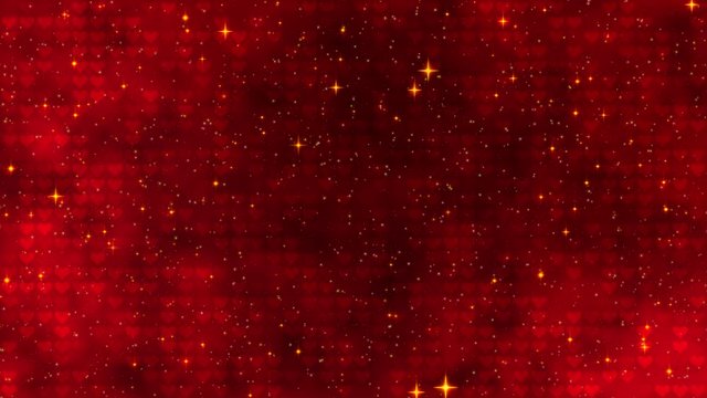 Red pattern with golden confetti, stars and red hearts. For St. Valentines Day, Wedding invitation e-card. 3D rendering video loop 4k