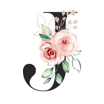 Letter j, alphabet with watercolor flowers roses and leaf. Floral monogram initials perfectly for wedding invitation, greeting card, logo, poster and other. Holiday design hand painting.