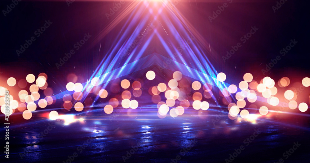 Canvas Prints empty background scene. dark street reflection on wet asphalt. rays of neon light in the dark, neon 