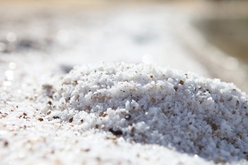 Dead sea salt on the beach - Salt accumulation on the Dead Sea shore in Israel