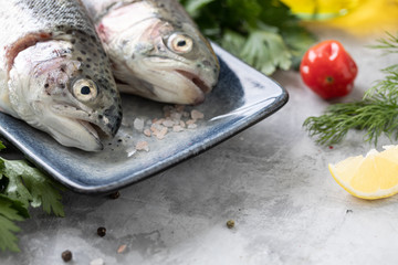 Two raw rainbow trout fish on a plate, greens and fresh vegetables for preparing healthy and tasty food. Healthy diet and delicious culinary concept. Copy space