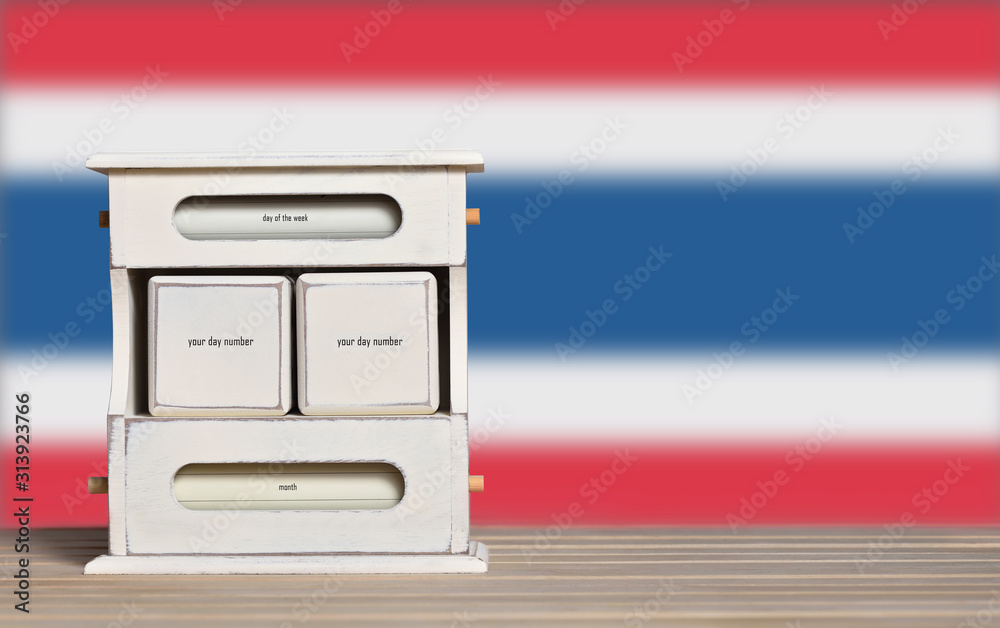 Fototapete Wooden retro calendar with free space for a date on the background of the flag of Thailand. Template for writing the dates of the national holidays of Thailand with free text space