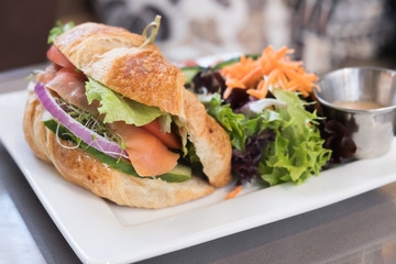 Salmon croissant with salad on a plate