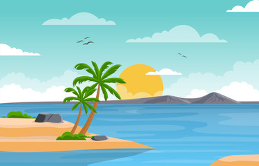 Fototapeta na wymiar Vacation in Tropical Beach Sea Palm Tree Summer Landscape Illustration
