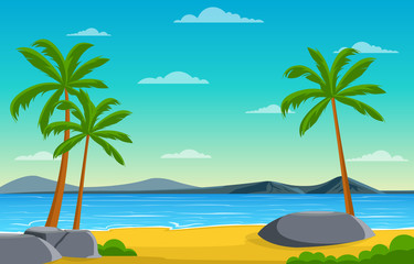 Vacation in Tropical Beach Sea Palm Tree Summer Landscape Illustration