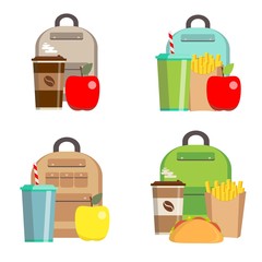 Lunchbox with cheese sandwich, tomato slices, potato chips, paper bag, schoolbag for school or work set. Dinner lunch container with snacks, meals homemade food. Vector isolated sketch illustration