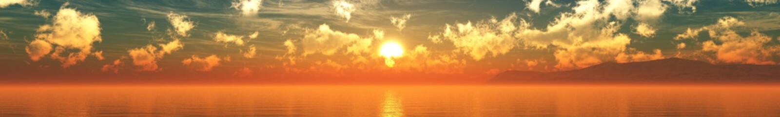Beautiful sea sunset, panorama of sea sunrise, 3D rendering.