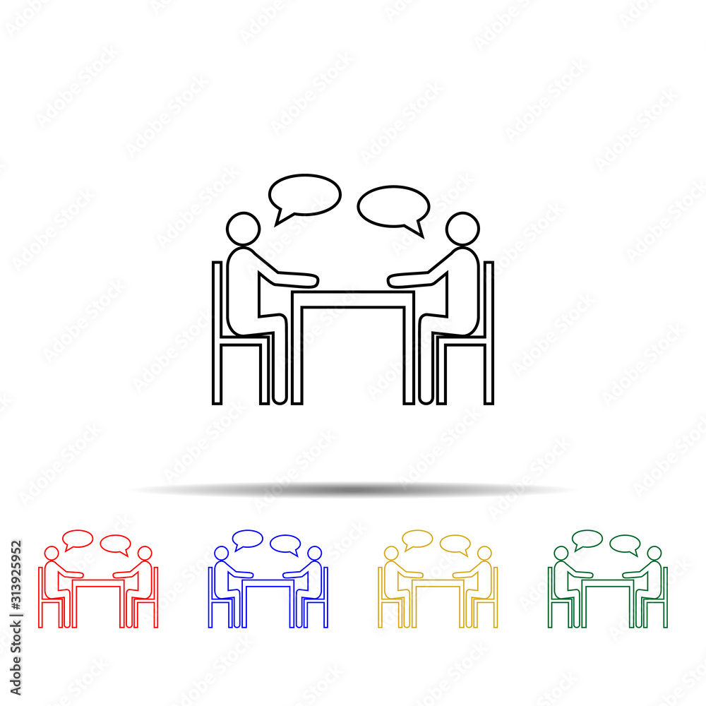 Poster people sitting around the table talking line multi color style icon. simple thin line, outline vecto