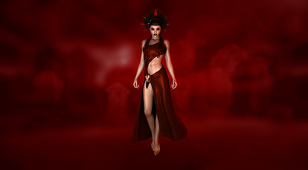 female vampire character in red dress