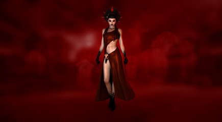 female vampire character in red dress