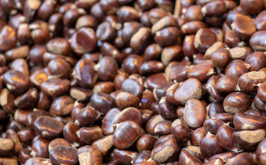 Chestnut grains close-up. In winter, it is eaten by cooking on the stove or in the oven.