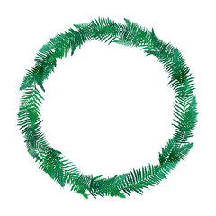 Fern green leaves round frame, basis element isolated. Graphics on white background - obrazy, fototapety, plakaty