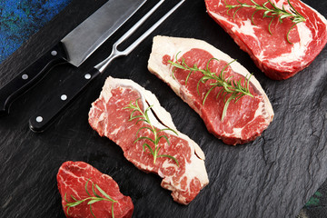 Variety Steak raw. Barbecue Rib Eye Steak, dry Aged Wagyu Entrecote Steak.