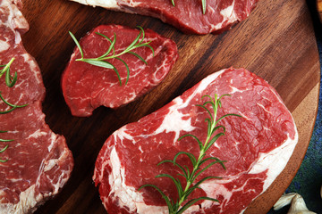 Variety Steak raw. Barbecue Rib Eye Steak, dry Aged Wagyu Entrecote Steak.