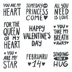 Set of Valentines day quote.  Vector typography collection for design stamps, cards, posters, romantic quote