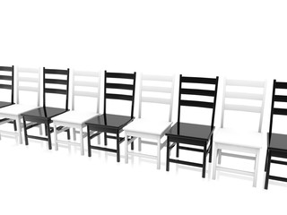 A row of black and white chairs on a white background