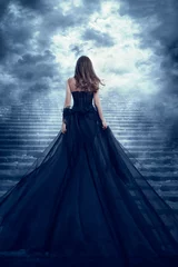 Fotobehang Woman in Long Dress Back Rear View Climbing Stone Stairs to Sky, Girl Raising Mystic Dark Night Way © inarik
