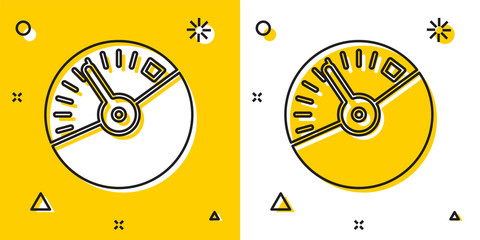 Black Speedometer icon isolated on yellow and white background. Random dynamic shapes. Vector Illustration