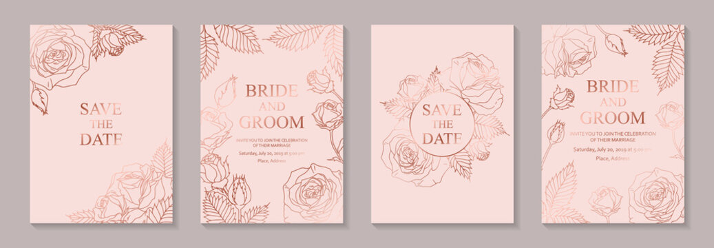 Set of luxury floral wedding invitation design or greeting card templates with rose gold flowers on a pink background.