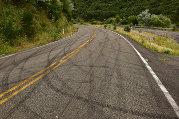 Tire marks on the road in Manawatu Gorge road closed