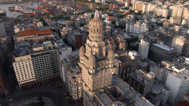 Montevideo, Uruguay, aerial view of cityscape showing the Old City and Independence Square at sunset. 