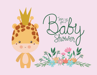 Baby shower invitation with giraffe cartoon vector design