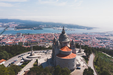 Aerial view of Viana do Castelo, Norte Region, Portugal, with Basilica Santa Luzia Church, shot...