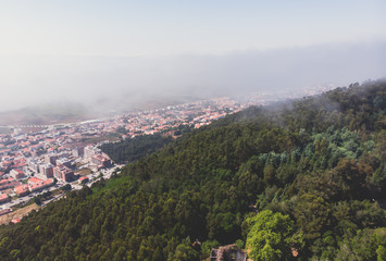 Aerial view of Viana do Castelo, Norte Region, Portugal, with Basilica Santa Luzia Church, shot from drone
