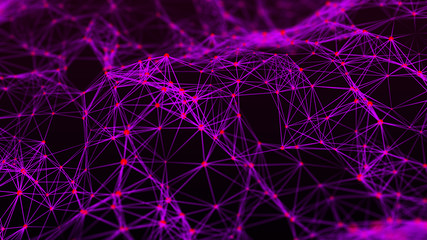 Network of bright connected dots and lines. Perspective grid of points and lines. Digital background. 3D rendering.