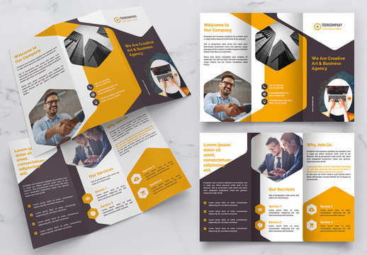 Trifold Yellow Brochure Layout With Hexagon Geometric Photo Masks