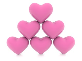 Pyramid of pink hearts on a white background