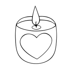 A candle in a candlestick decorated with a heart. Relaxing environment. Hot flames. Vector. Colorless background. Coloring book for children. Illustration for Valentine day.  Festive print.