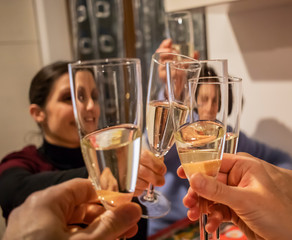 People having fun together toasting drinks in the home kitchen. Happy and smiling woman toasts with flute of sparkling wine (champagne). Focus on central glass. Friendship, love and family concept.