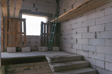 Constuction site and stairs first person view.