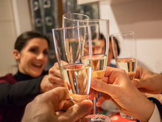 People having fun together toasting drinks in the home kitchen. Happy and smiling woman toasts with flute of sparkling wine (champagne). Focus on central glass. Friendship, love and family concept.