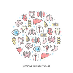 Medicine and healthcare concept poster banner with human body internal organs colored vector outline icons