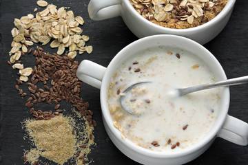 Healthy breakfast with yogurt, bran and seeds. Healthy food. Diet food.