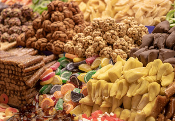 Istanbul shops selling dried fruit in the corn market in Turkey. They sell nuts. Sweet and sweet.