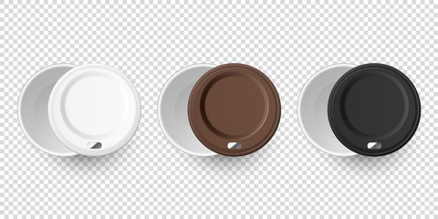 Vector 3d Realistic Disposable Empty Paper Coffee, Tea Cup for Drinks with Plastic White, Brown and Black Lid Icon Set Closeup Isolated on Transparent Background. Design Template, Mockup. Top View