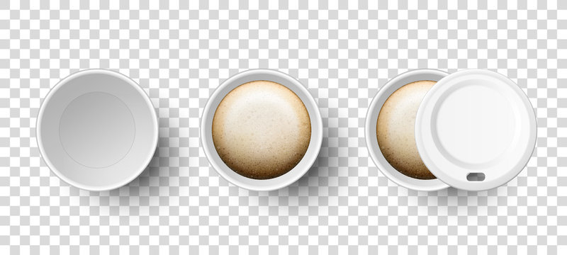Vector 3d Realistic Disposable Opened and Closed Paper, Plastic Coffee, Tea Cup for Drinks with Plastic Lid Icon Set Closeup Isolated on Transparent Background. Design Template, Mockup. Top View
