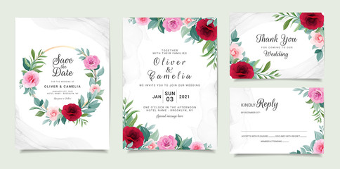 Fototapeta na wymiar Set of card with flowers. Invitation template set with floral frame and bouquet. Roses and leaves botanic illustration for wedding card, background, save the date, greeting, poster, cover vector