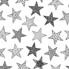 Stars - Vector Black and white Seamless pattern. Stars with different patterns. Hand drawn doodle Stars.