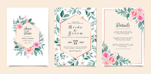 Fototapeta na wymiar Set of card with flowers. Invitation template set with floral frame and bouquet. Roses and leaves botanic illustration for wedding card, background, save the date, greeting, poster, cover vector