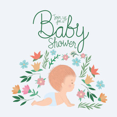 Baby shower invitation with cute baby cartoon vector design