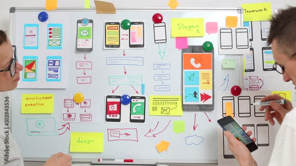 Poster designers create a user experience interface for smartphones. programming web sites and developing m