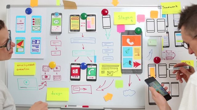 Designers create a user experience interface for smartphones. Programming web sites and developing mobile applications for phones. 