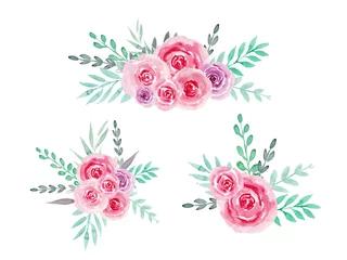 Fototapete Blumen Aquarell Boho Blumensträuße mit rosa Rosen und grünen Zweigen. Handabbildung.