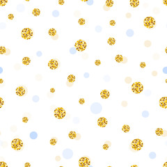  Glitter and baby blue gold circle and polka dots. Seamless fabric design pattern. Wrapping paper, baby shower, wallpaper vector