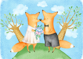 Cute and Funny Watercolor Foxes. Illustration. Wedding. Greeting card. Hand drawn characters. Landscape - 313946706